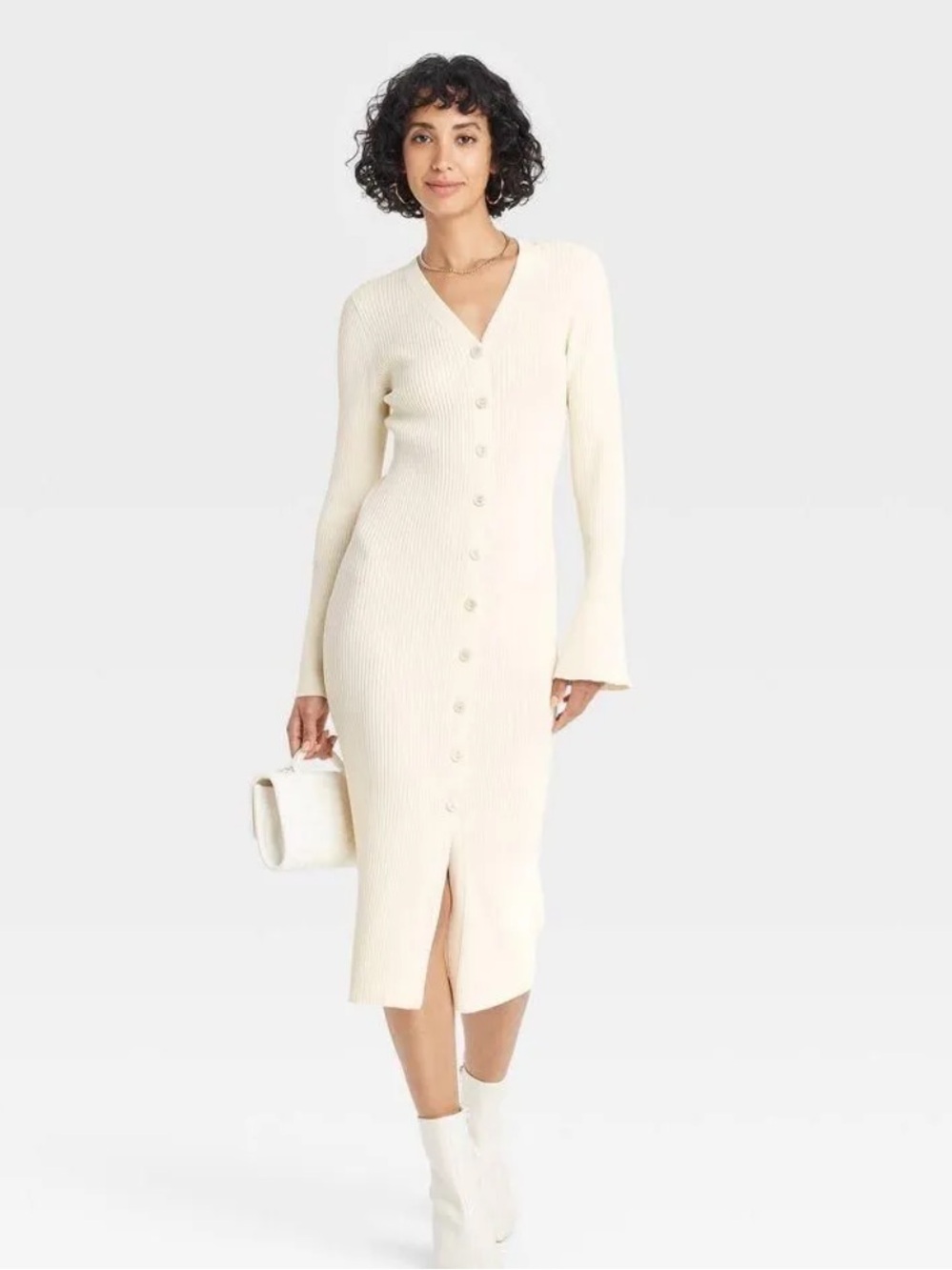 Size: L - Women's Bell Long Sleeve Midi Sweater Dress - A New Day Cream